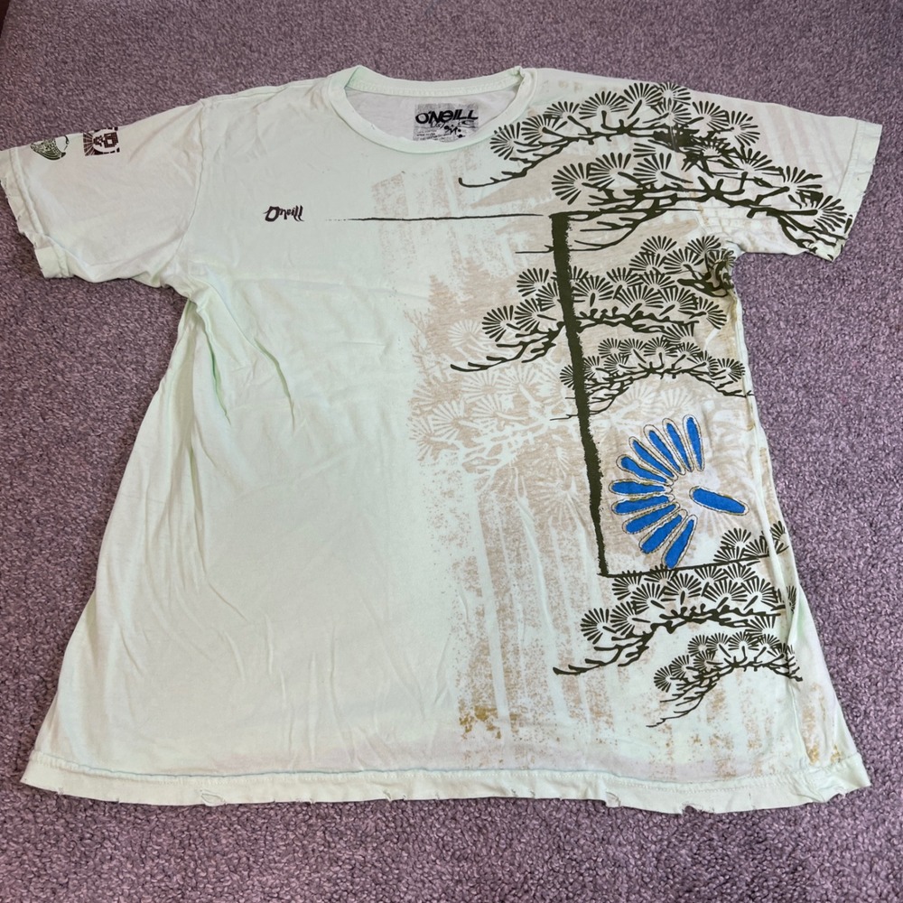 vtg O'Neill Shirt Mens Large Mint Green Japanese Pine Tree Distressed USA skater